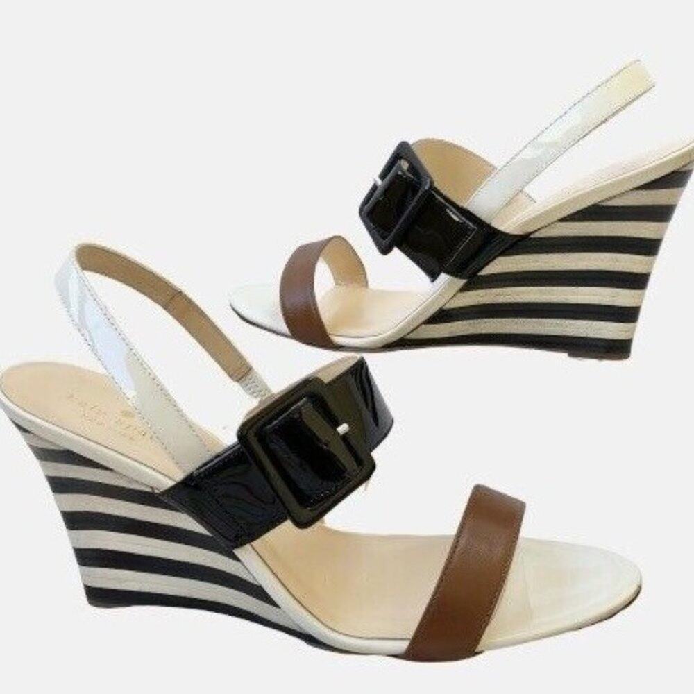 Kate Spade 7.5 M Slingback Wedge Heels Stripes ISOLA Neutral Old Money Resort